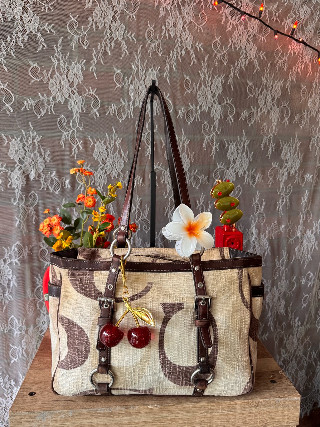 Coach Beige Canvas Tote With Brown Trim And Red Cherry Charm